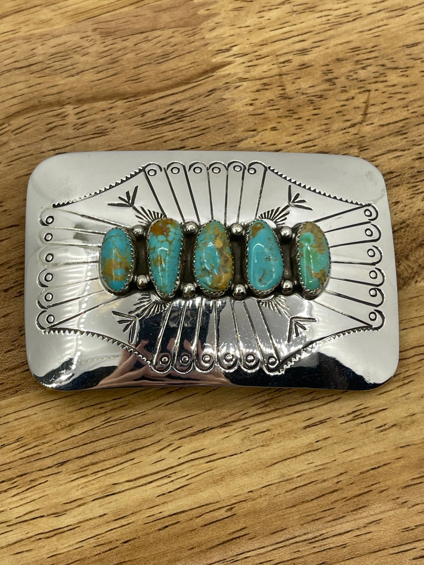 5 Stone Kingman Turquoise Stamped Buckle by Jolene Begay, Navajo
