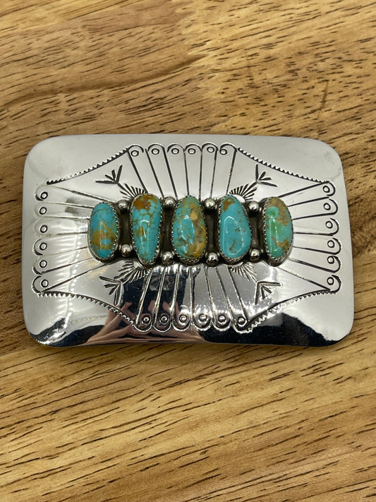 5 Stone Kingman Turquoise Stamped Buckle by Jolene Begay, Navajo