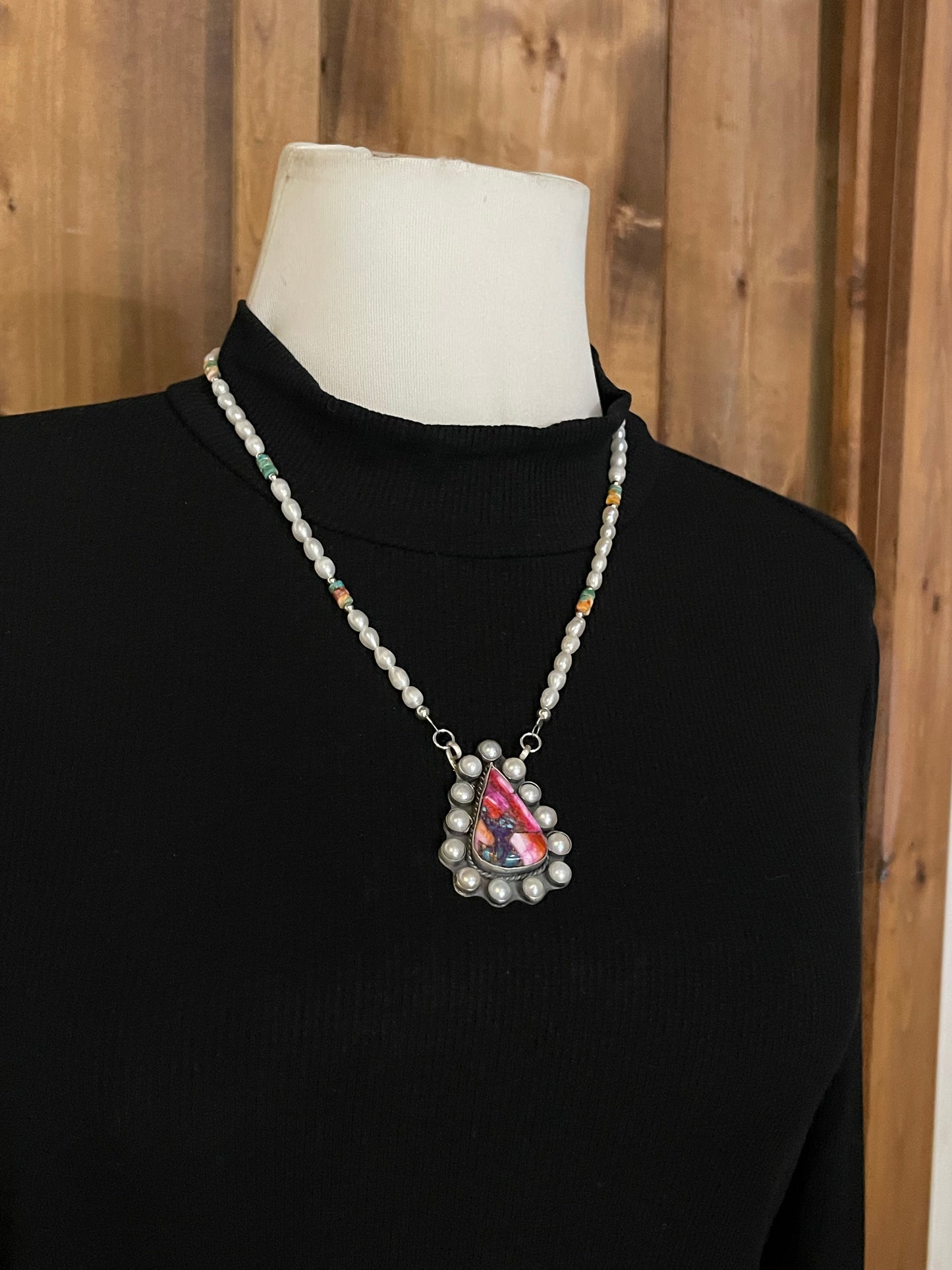 18" Pink Dahlia Necklace with Fresh Water Pearls by TT, Navajo