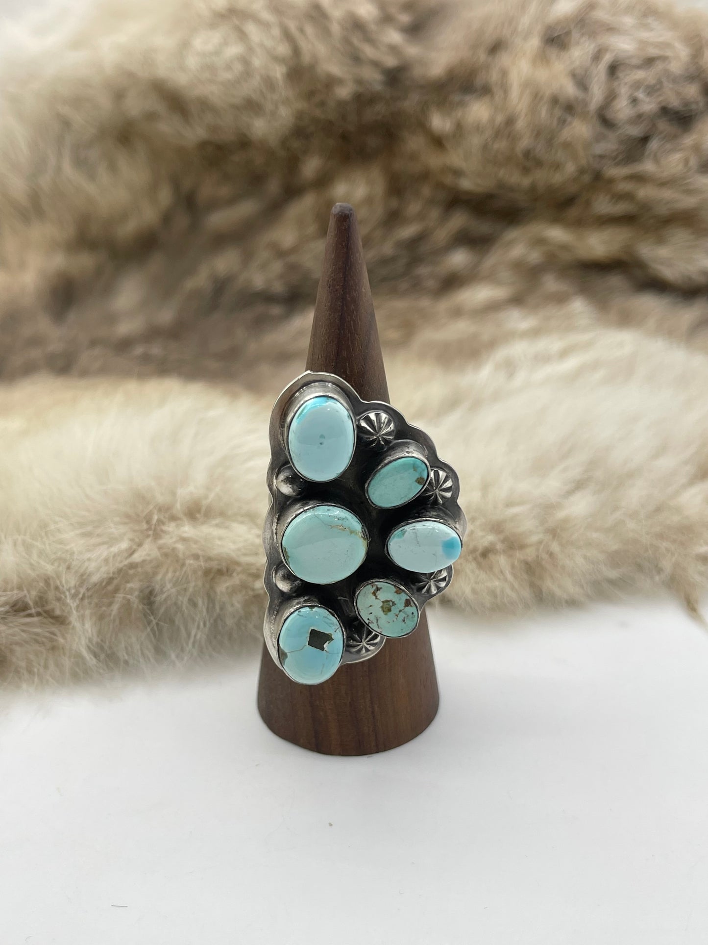Adjustable Ring 7.0-11.0 Dry Creek Turquoise Half Cluster by Gabby Jurado, Mexican