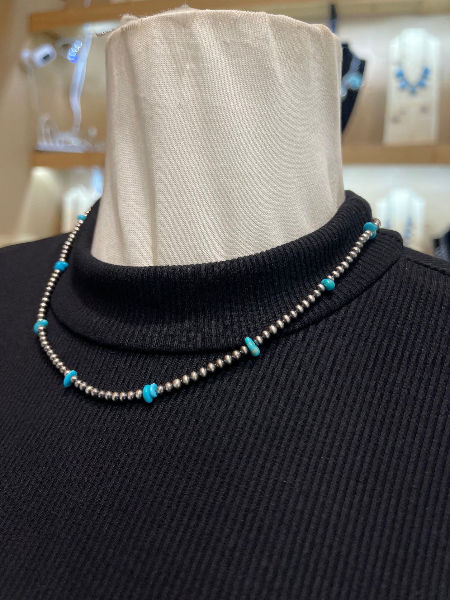 3mm 18" Navajo Style Pearls With Chunky Turquoise