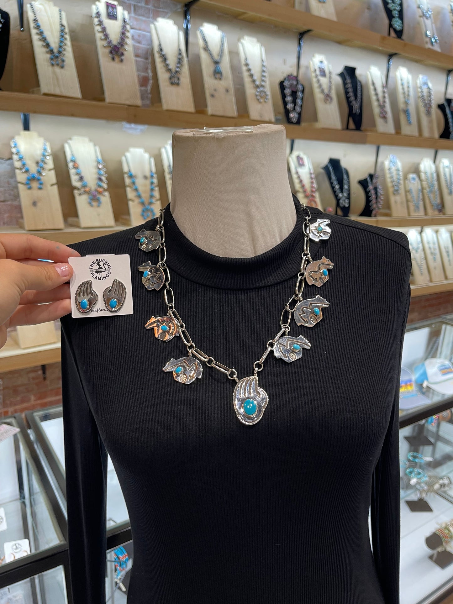 22" Bear Necklace on Handmade Paperclip Chain Neckalce+Earrings set by Marie Jackson, Navajo