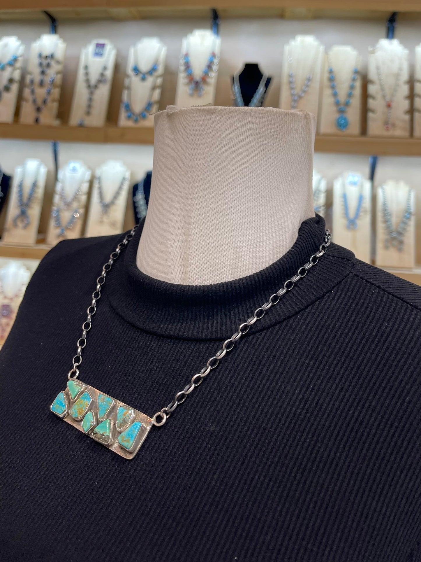 18" 8 Stone Turquoise Bar Necklace by Jade Candelaria, Zuni