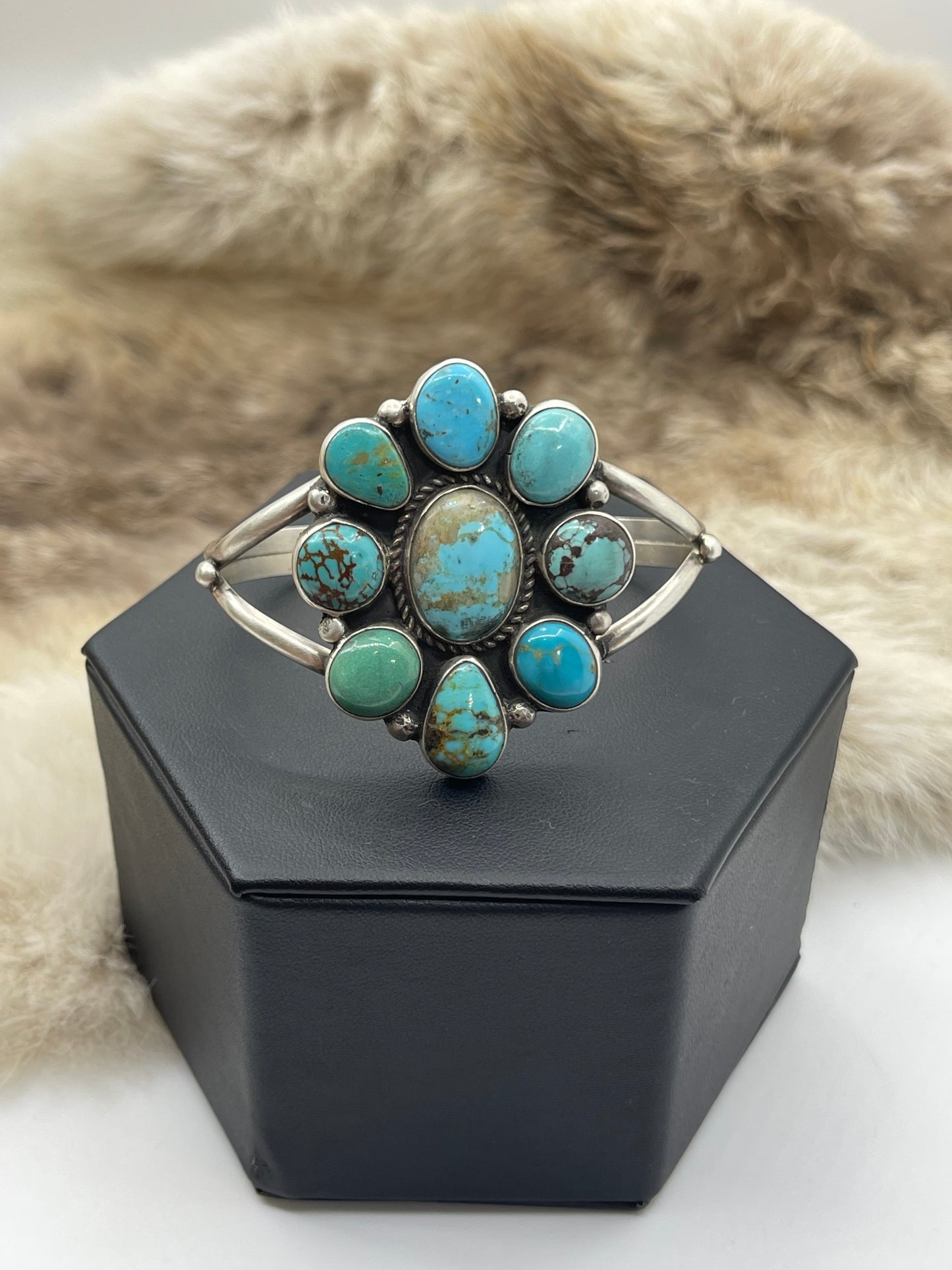 5.5"-7" Kingman Turquoise Cluster Cuff by Geraldine James, Navajo