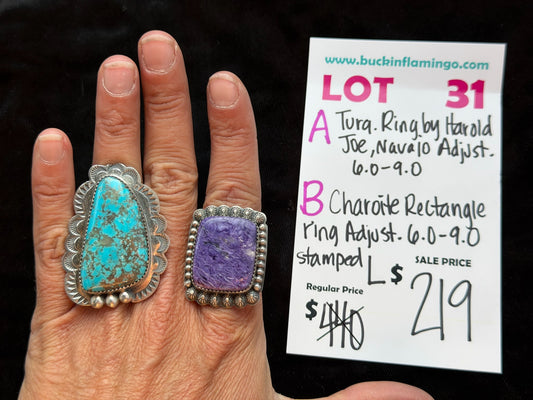 Lot 31 A 8/9 Turquoise Ring by Harold Joe, Navajo Adjustable 6.0-9.0