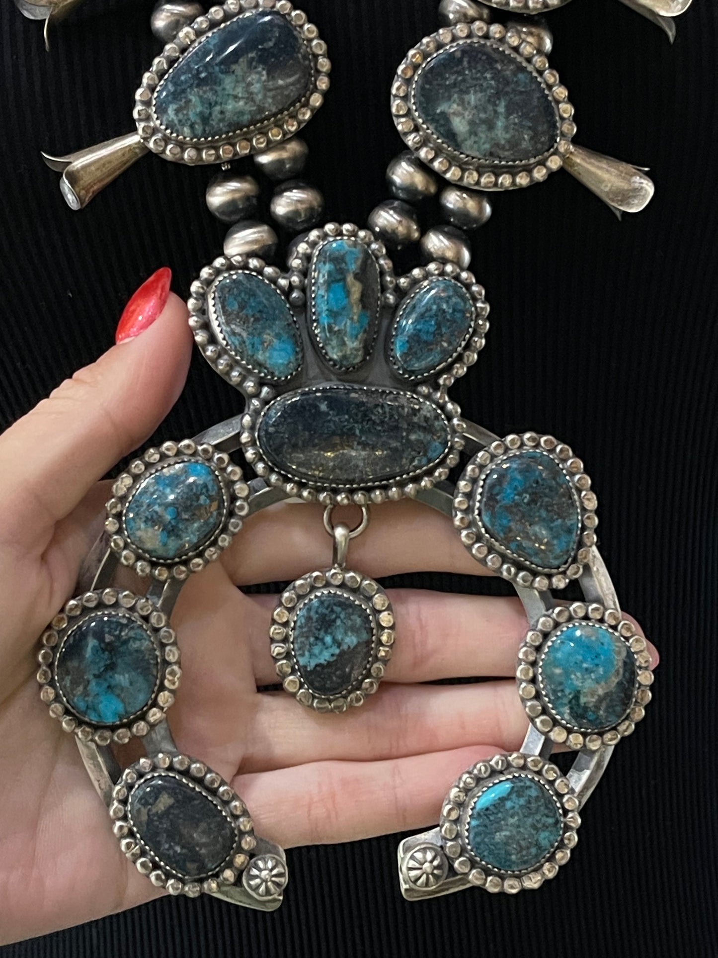 28" Nevada Blue Turquoise Naja Squash Blossom by Delbert Secatero, Navajo