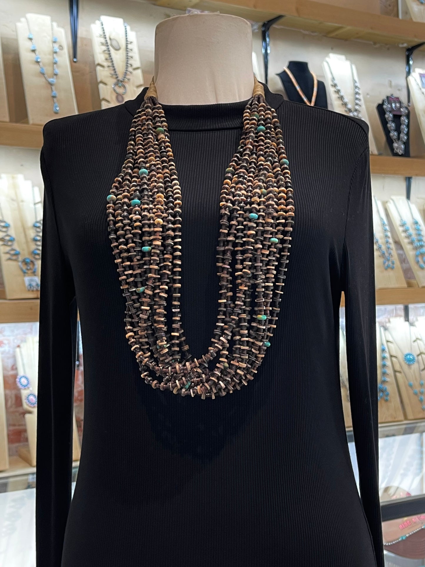 36" 13 Strand Pin Shell & Turquoise Necklace by Jolene Bird, Santo Domingo