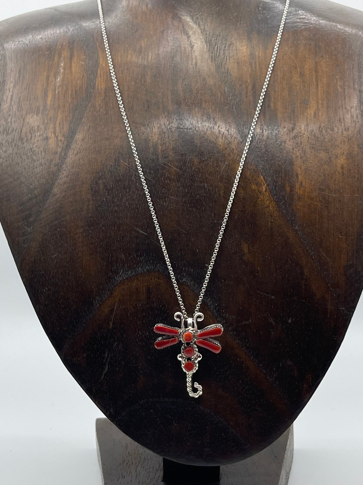 18" Red Coral Dragonfly Necklace by Jason Neha, Zuni