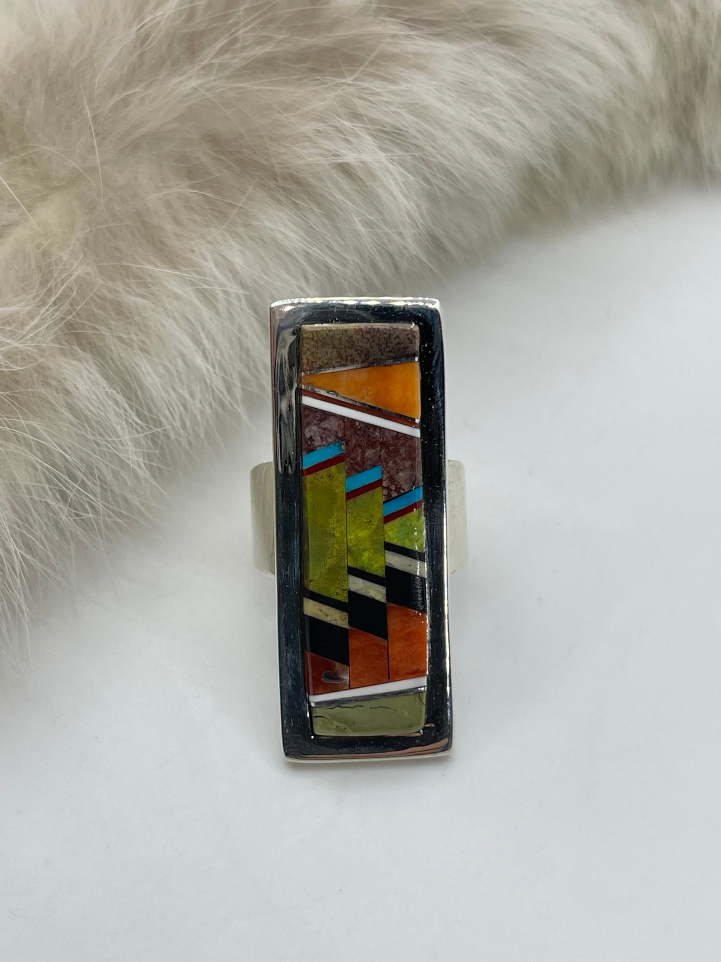 9.0 Rectangle Amazing Inlay Ring by Marie Jackson, Navajo