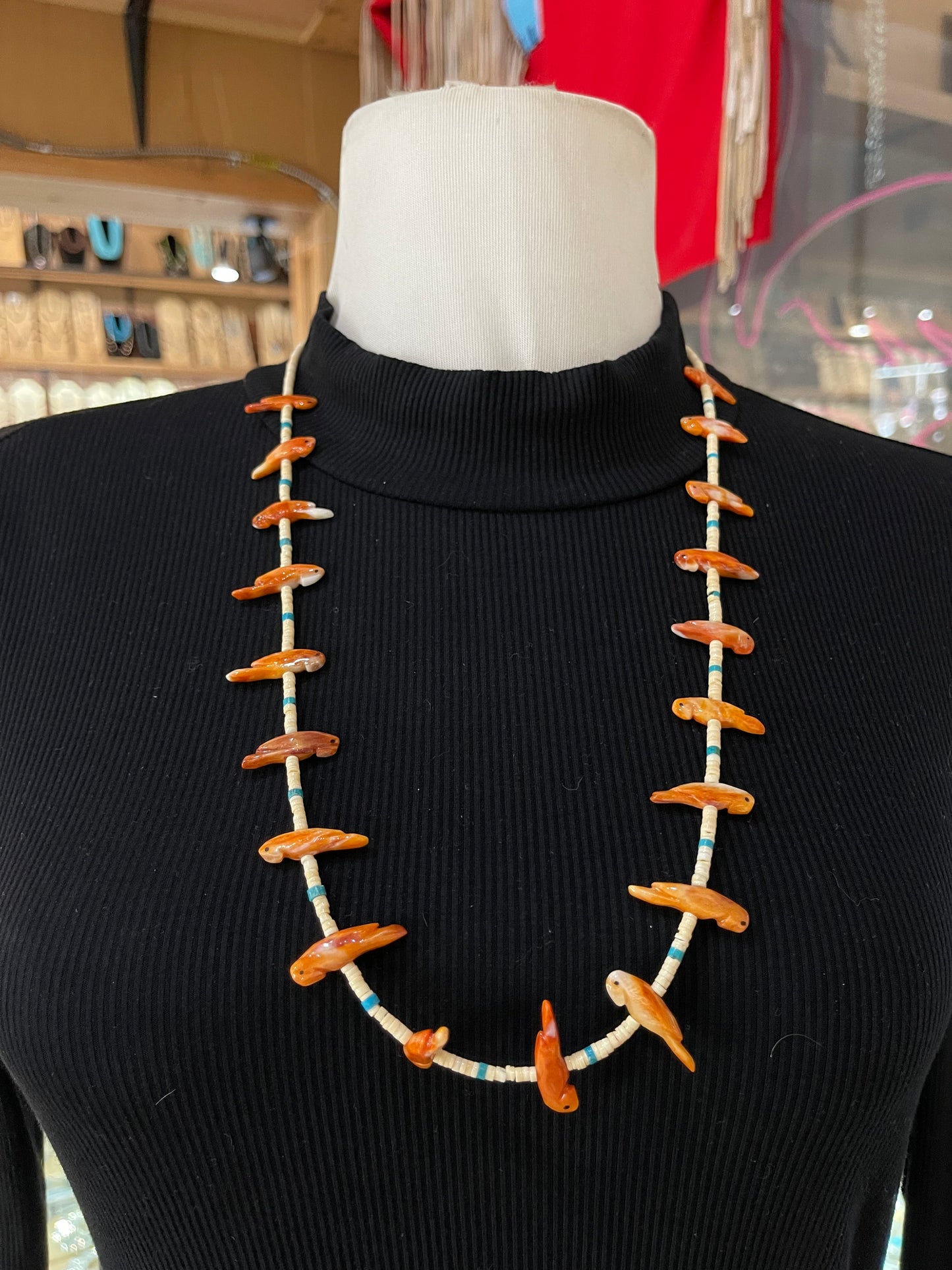 28" Orange Spiny, Melon Shell, and Turquoise Fetish Necklace by Neil Thomas, Santo Domingo