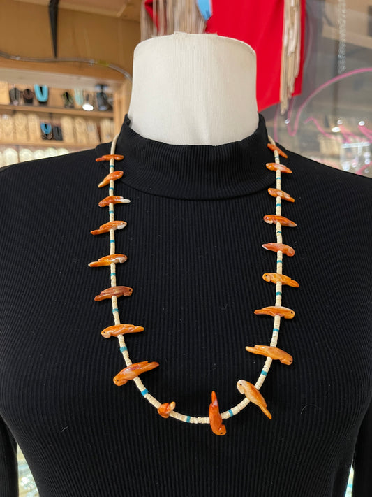 28" Orange Spiny, Melon Shell, and Turquoise Fetish Necklace by Neil Thomas, Santo Domingo