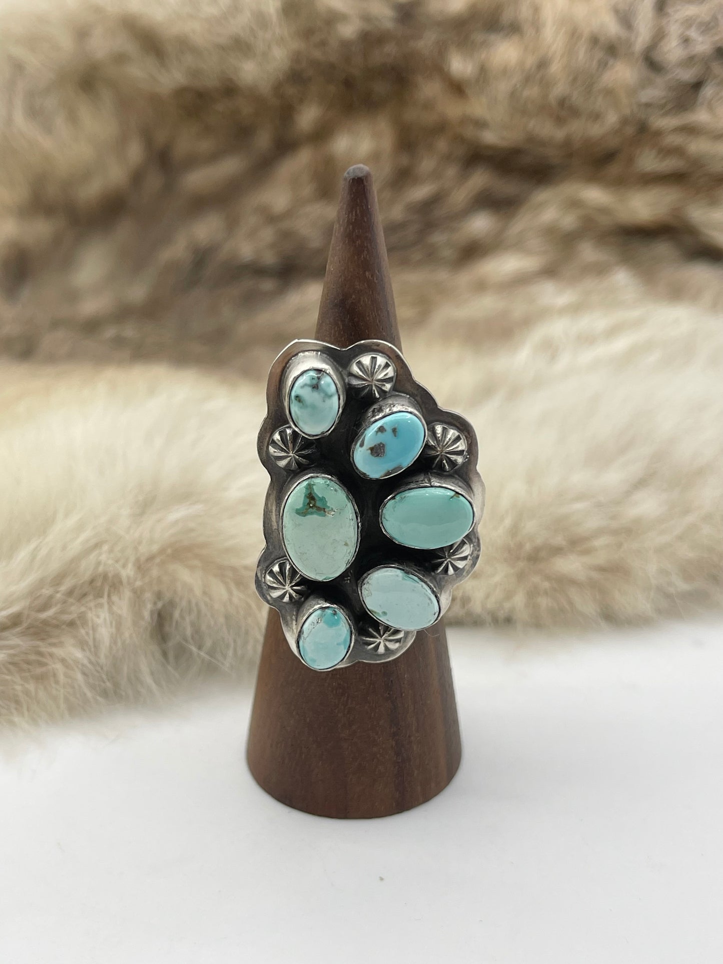 Adjustable Ring 7.0-11.0 Dry Creek Turquoise Half Cluster by Gabby Jurado, Mexican