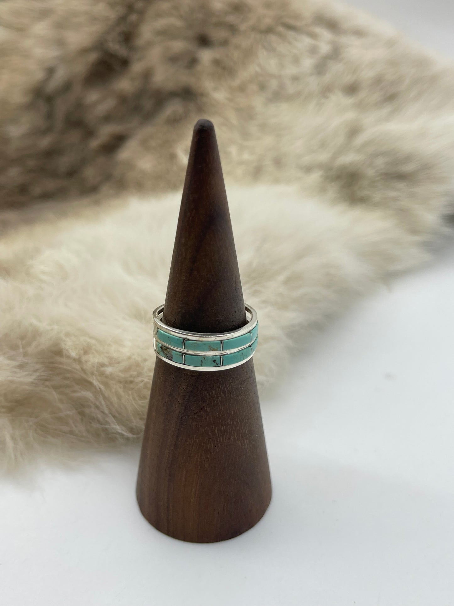 7.0 Two Row Turquoise Inlay Ring by Clarisse Kylestewa, Zuni