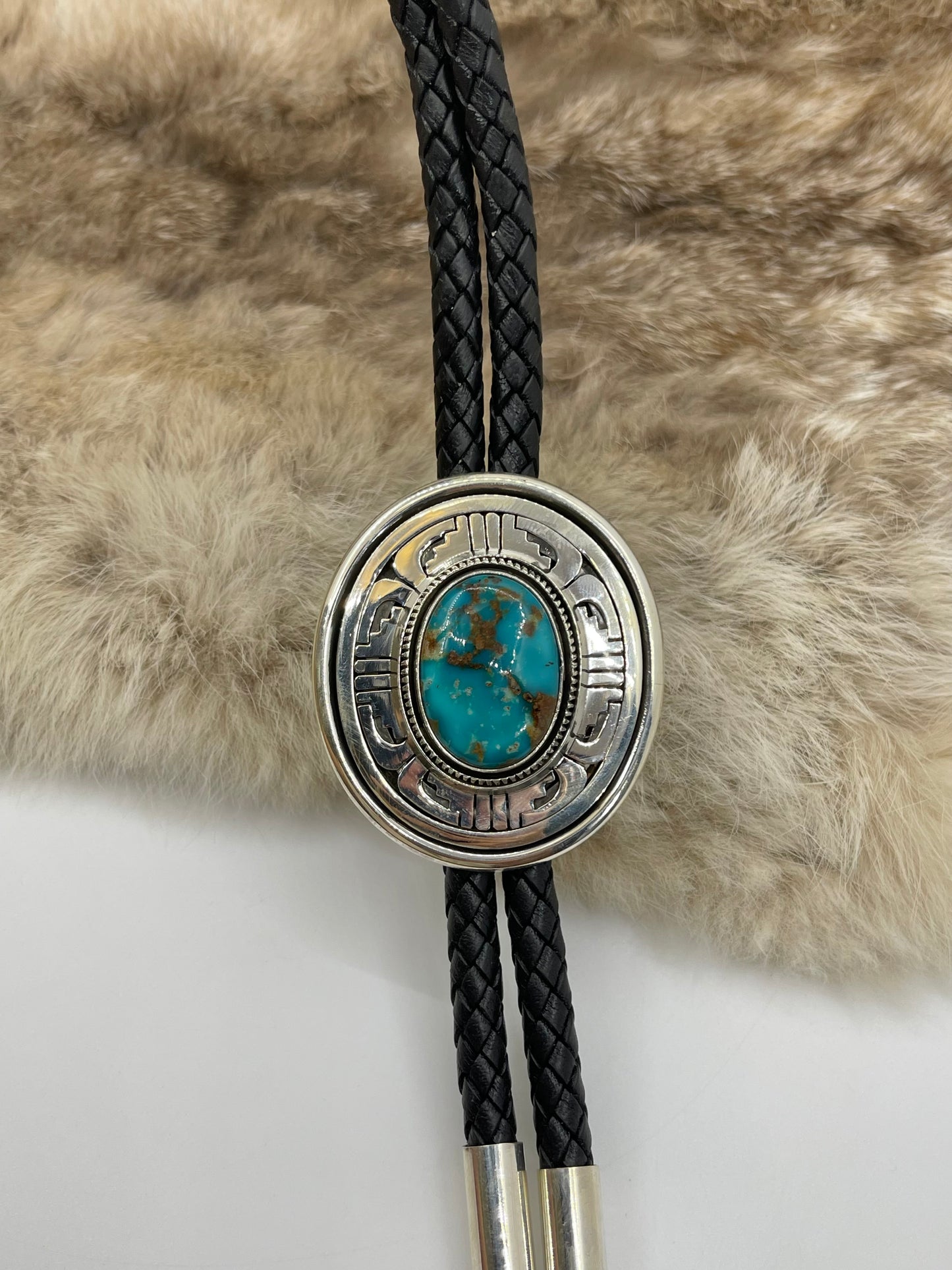 Apache Blue Turquoise Bolo Tie by Leonard Nez, Navajo