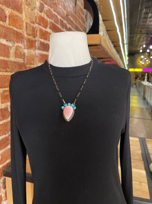 20" Turquoise and Pink Conch Paperclip Necklace