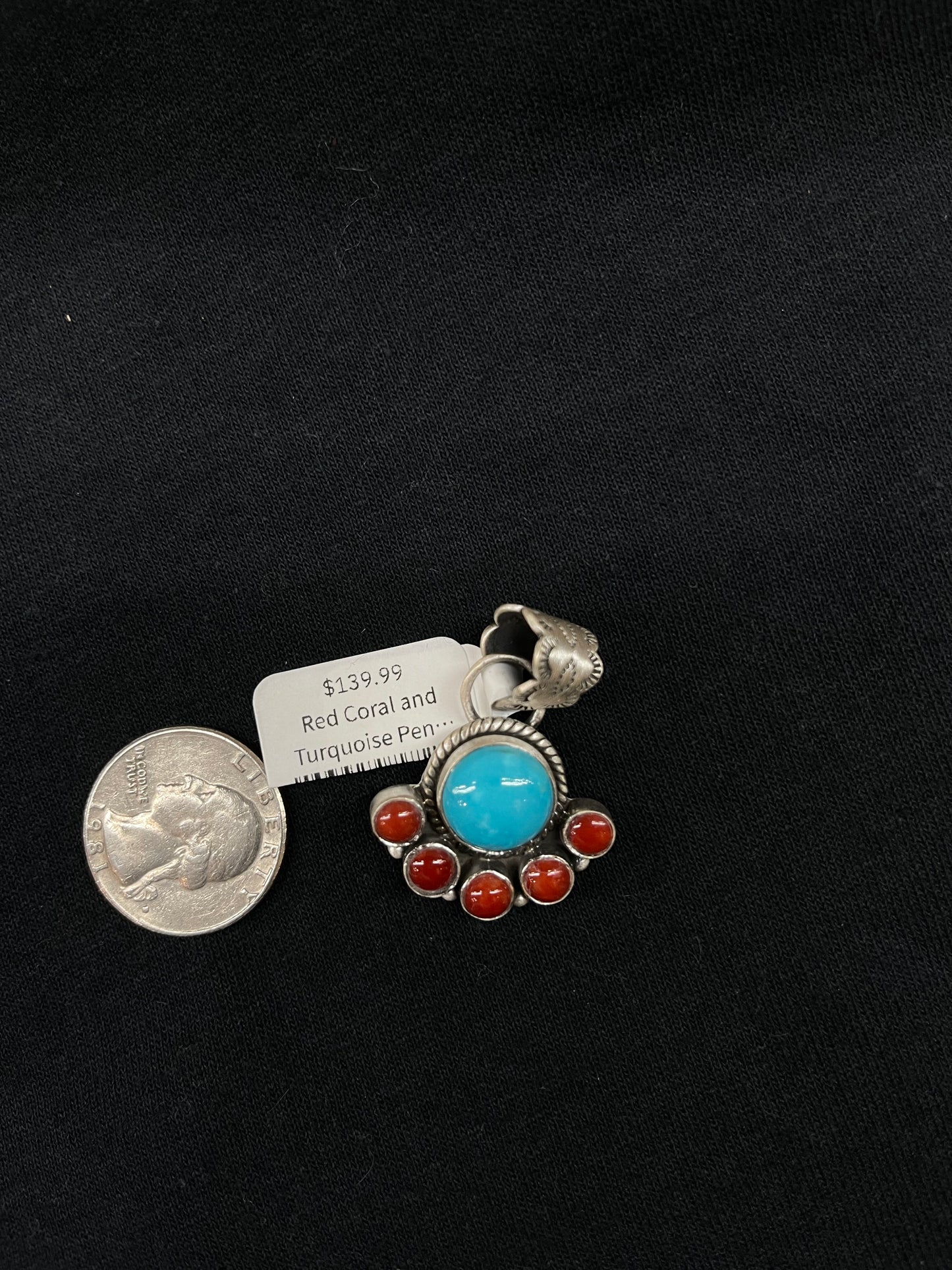 Red Coral and Turquoise Pendant with an 8.2mm Bale by Zia