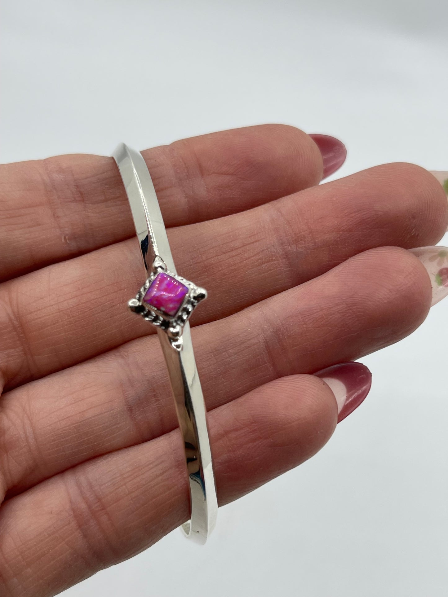 5 3/4"-7 1/4" Hot Pink Opal Triangle Wire Cuff by Gabriel Belin, Navajo