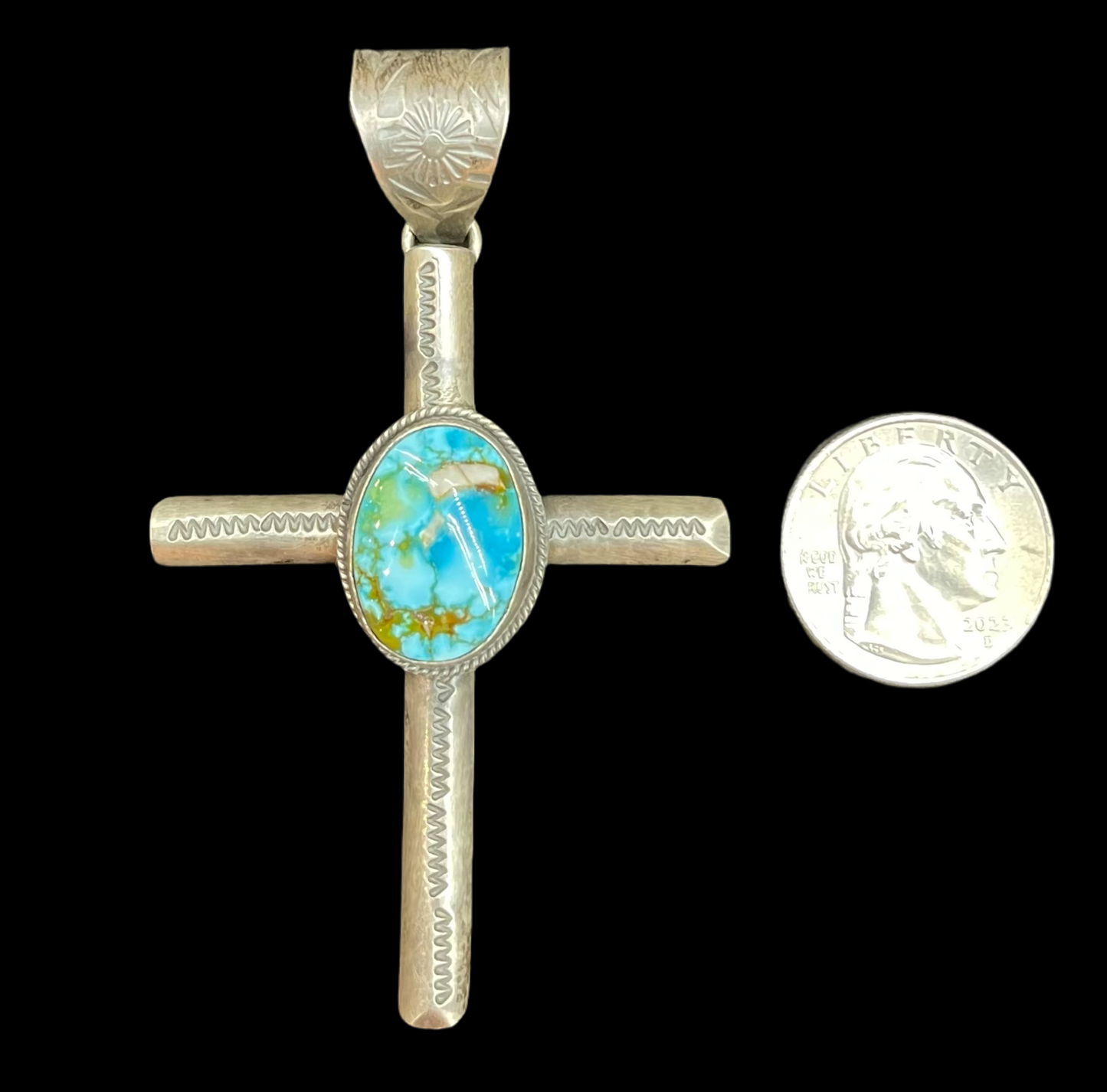 Sonoran Gold Turquoise Oval Cabochon on Cross Pendant by Bison Navajo