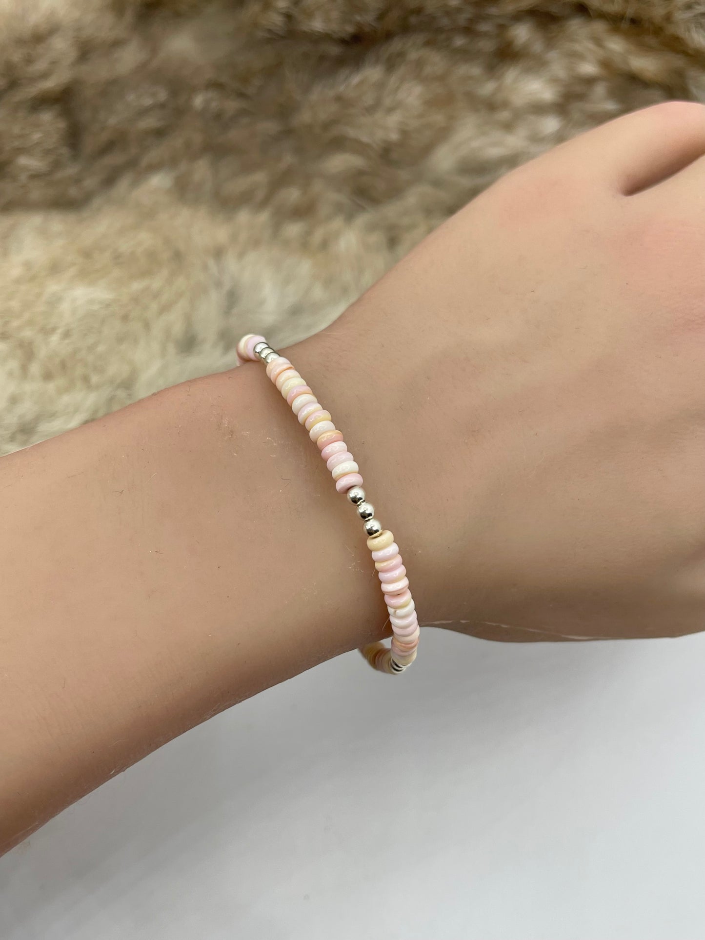 6.5” 4mm Pink Conch Shell Bead Bracelet with 3mm Silver Beads