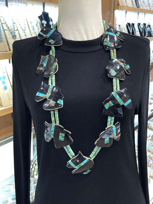 36" Black Onyx & Turquoise Horse Head Necklace