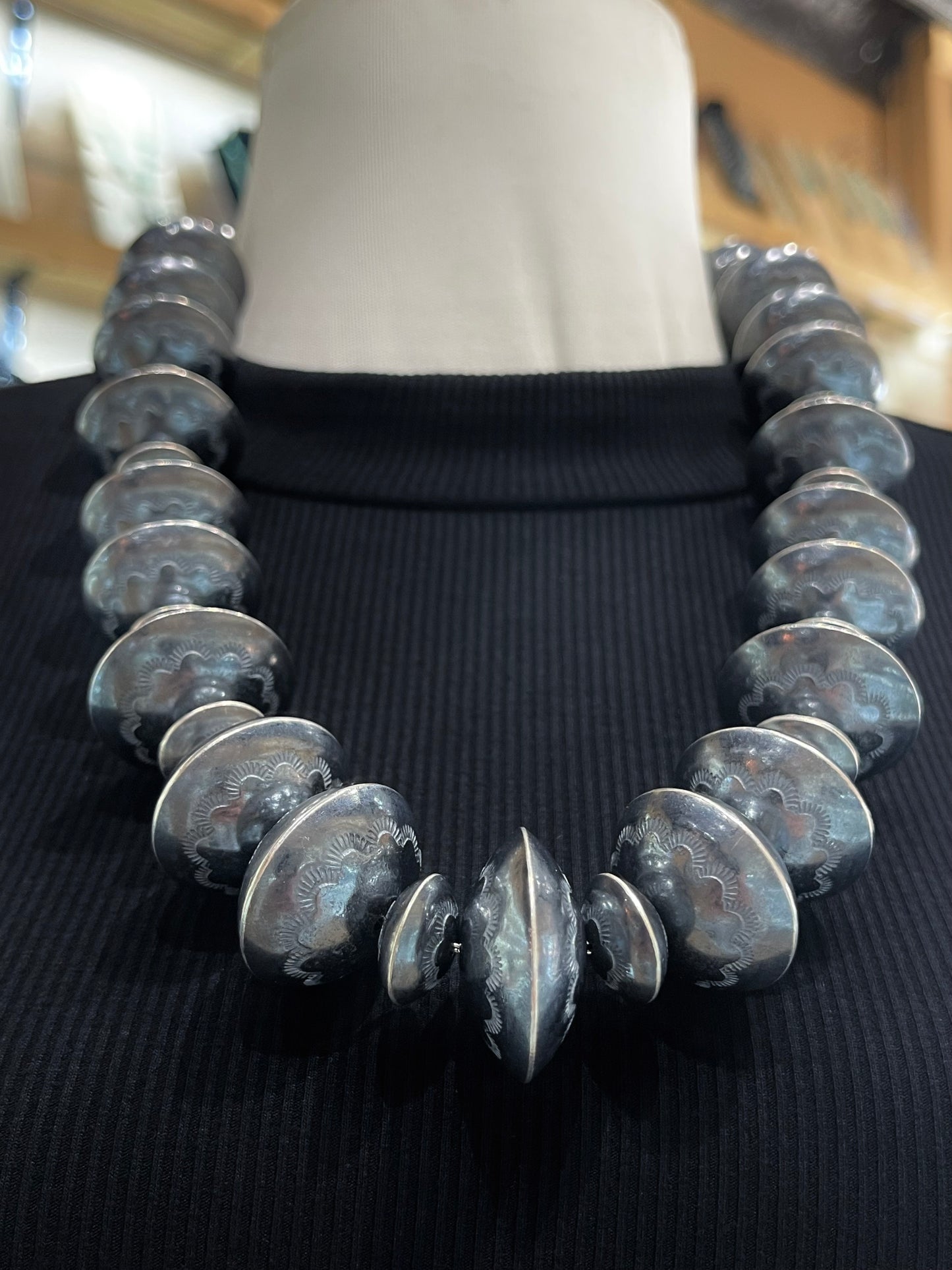 25" Handmade Stamped Navajo Pearl Necklace by Marietta Kellywood, Navajo