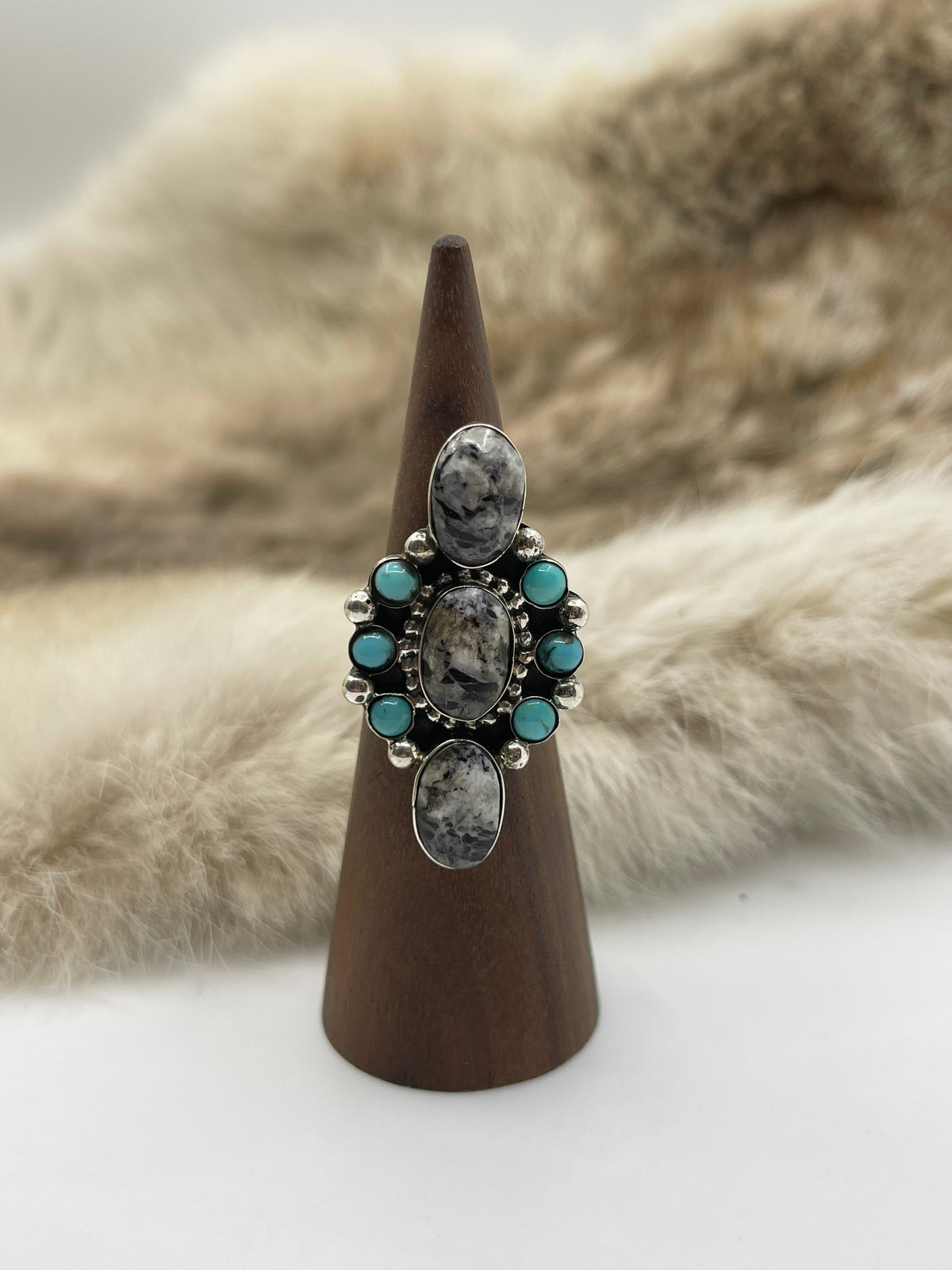 7.0 White Buffalo & Sleeping Beauty Turquoise Ring by David Lopez, Navajo