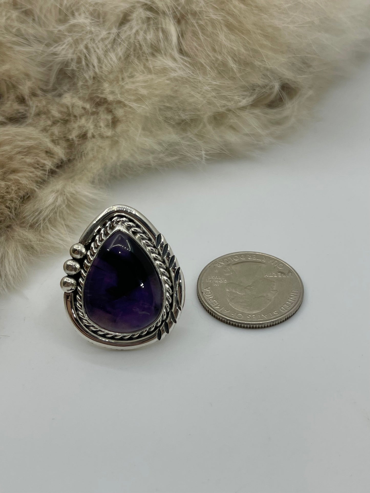 7.0 Amethyst Teardrop Shape Ring by Ray Tom, Navajo
