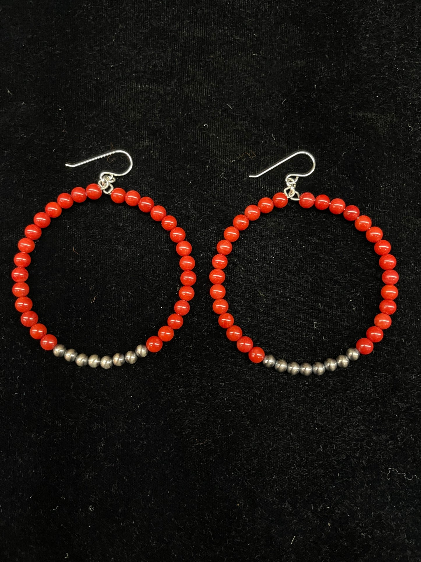 Red Coral and 4mm Navajo Pearl Hoop Dangle Earrings