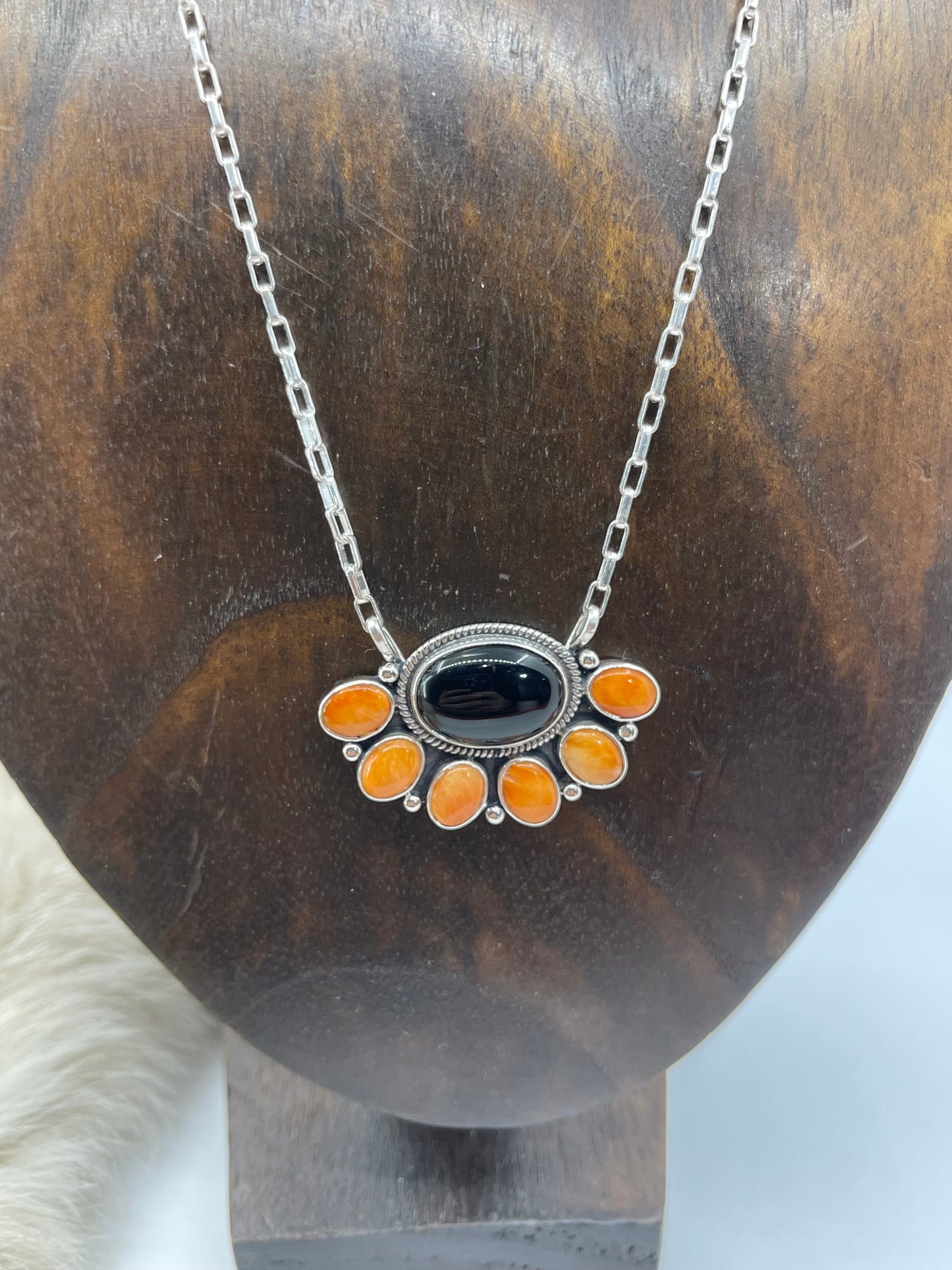 17" Black Onyx & Orange Spiny Oyster Half Cluster Necklace