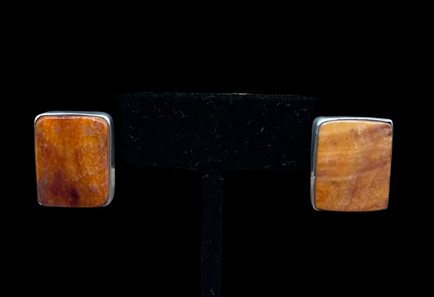 Orange Spiny Oyster Shell Rectangle Post Earrings by Judith Dixon, Navajo