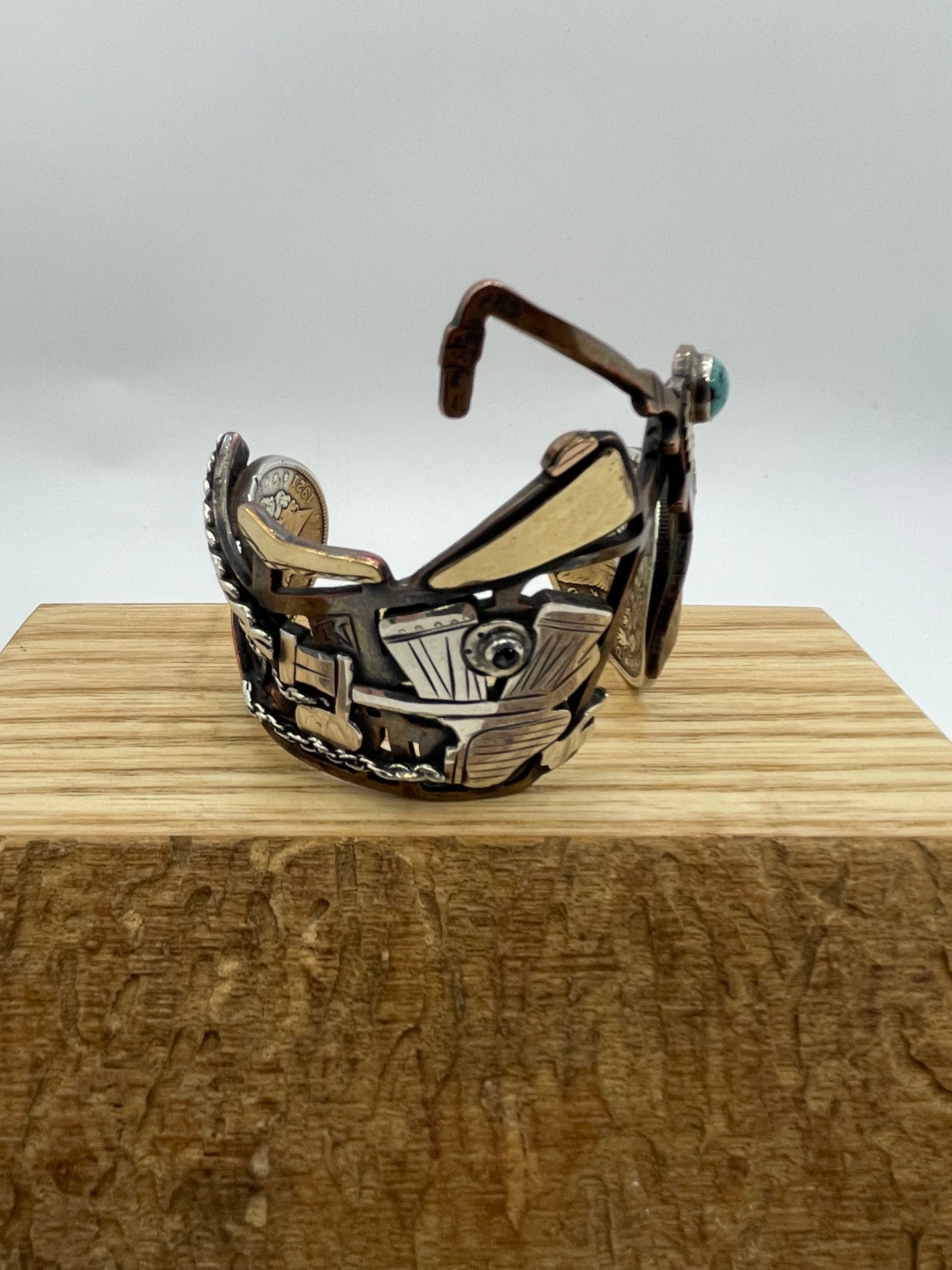 6.5 14K Solid Gold Sterling, Brass Antique Silver Dollars, Amber & Turquoise Cuff