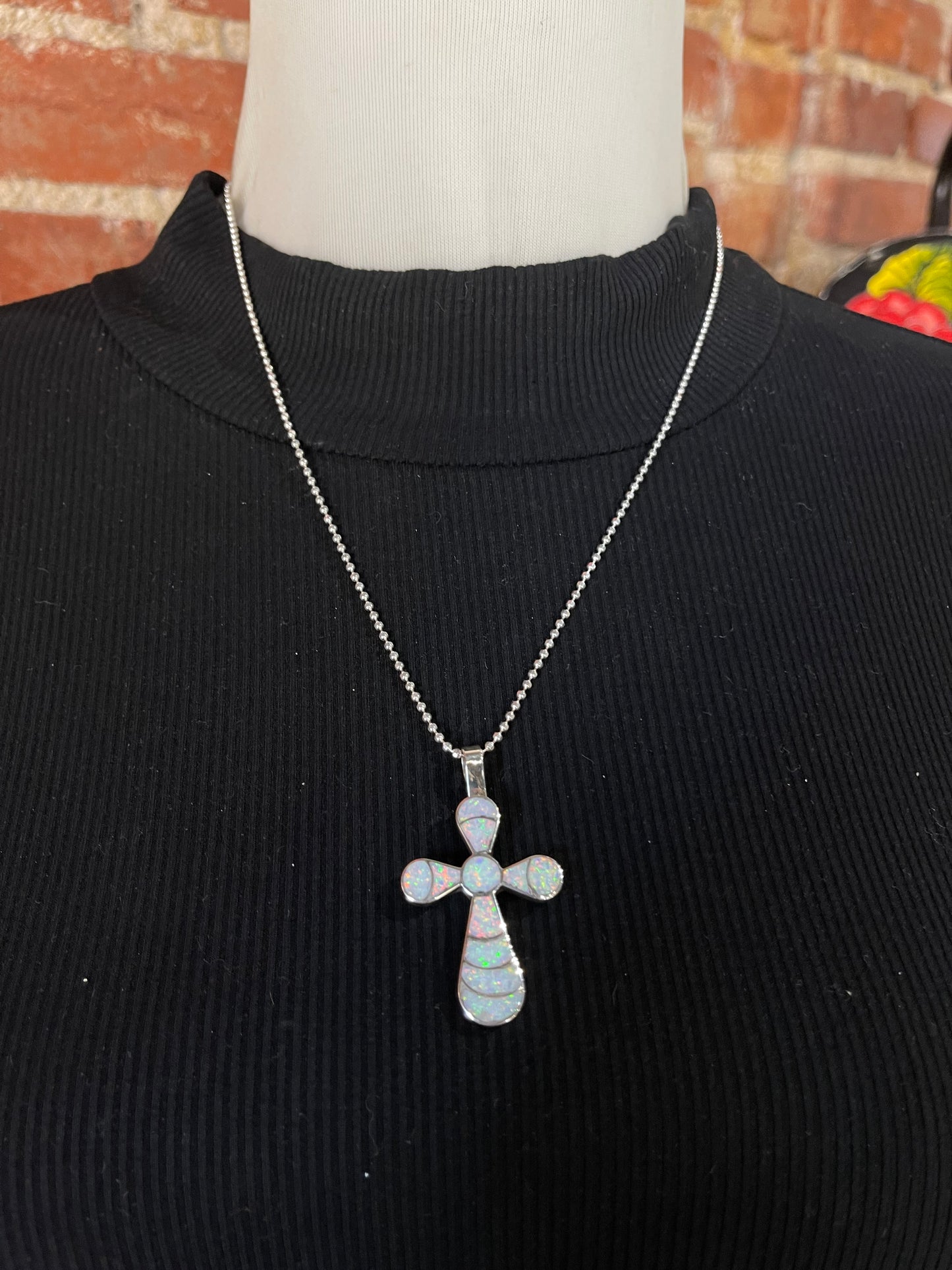 20" White Opal Fish Scale Inlay Cross Necklace Lynelle Johnson, Navajo