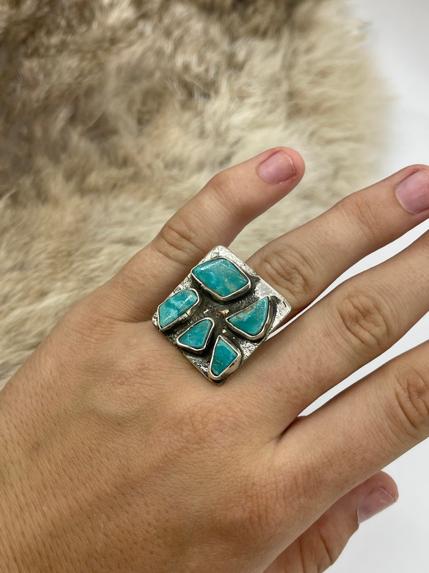 Adjustable 5 Stone Square Ring by Jude Candelaria, Zuni