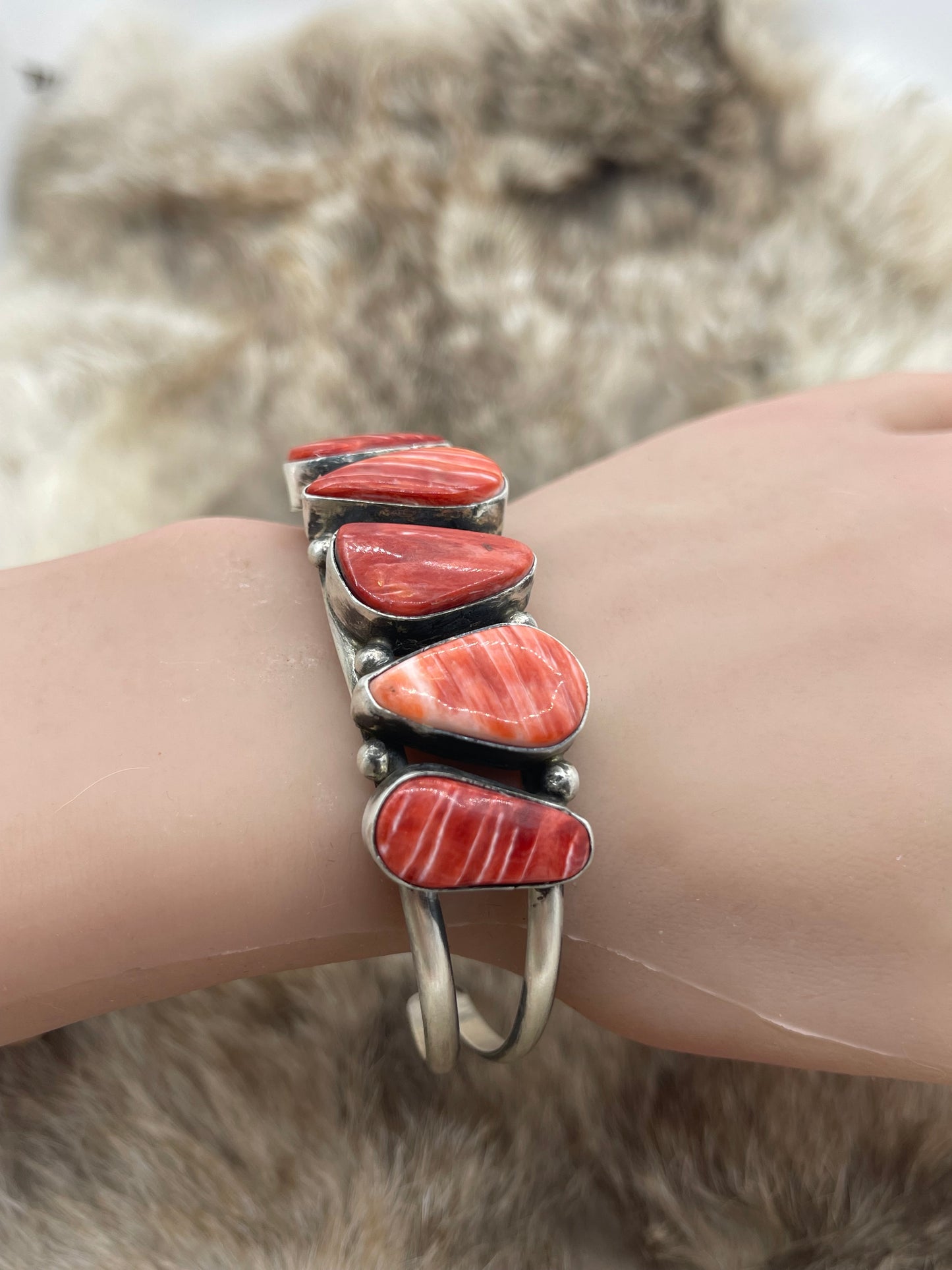 5 Stone Red Spiny Oyster Cuff by Augustine Largo, Navajo