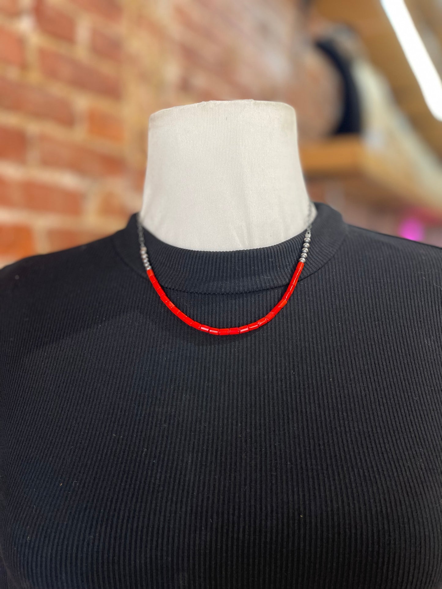 18" Red Coral and Navajo Pearls Beaded Chain Necklace