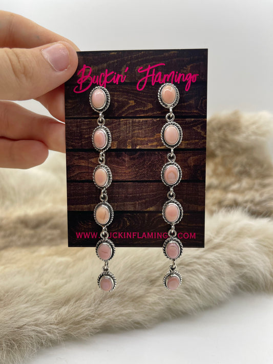 6 Stone Pink Conch Shell Drop Earring with Rope Border