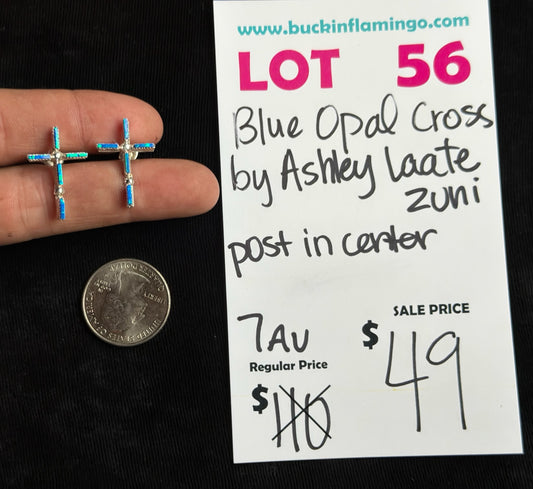 LOT 56 8/9 Blue Opal Zuni Needlepoint Cross Earrings by Ashley Laate, Zuni