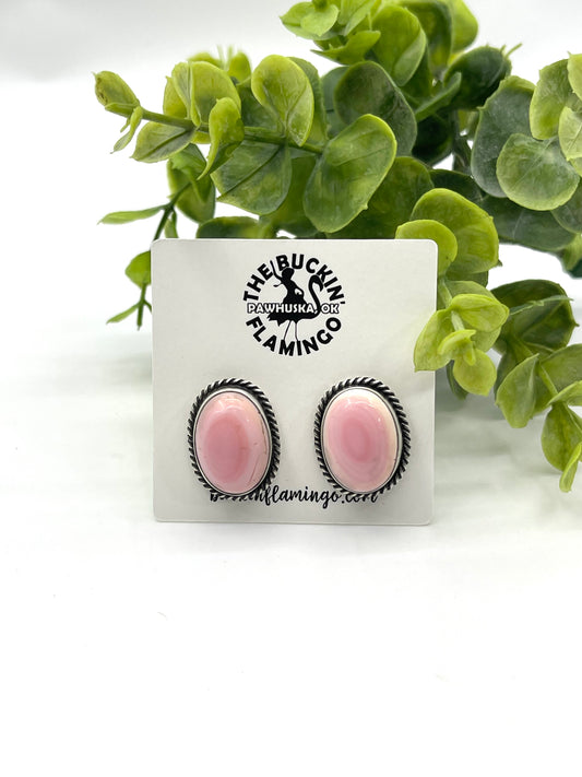 Oval Pink Conch Shell Top Post Earrings by Trish Largo, Navajo