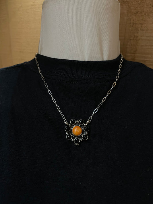 16" Black Onyx and Orange Spiny Oyster Necklace