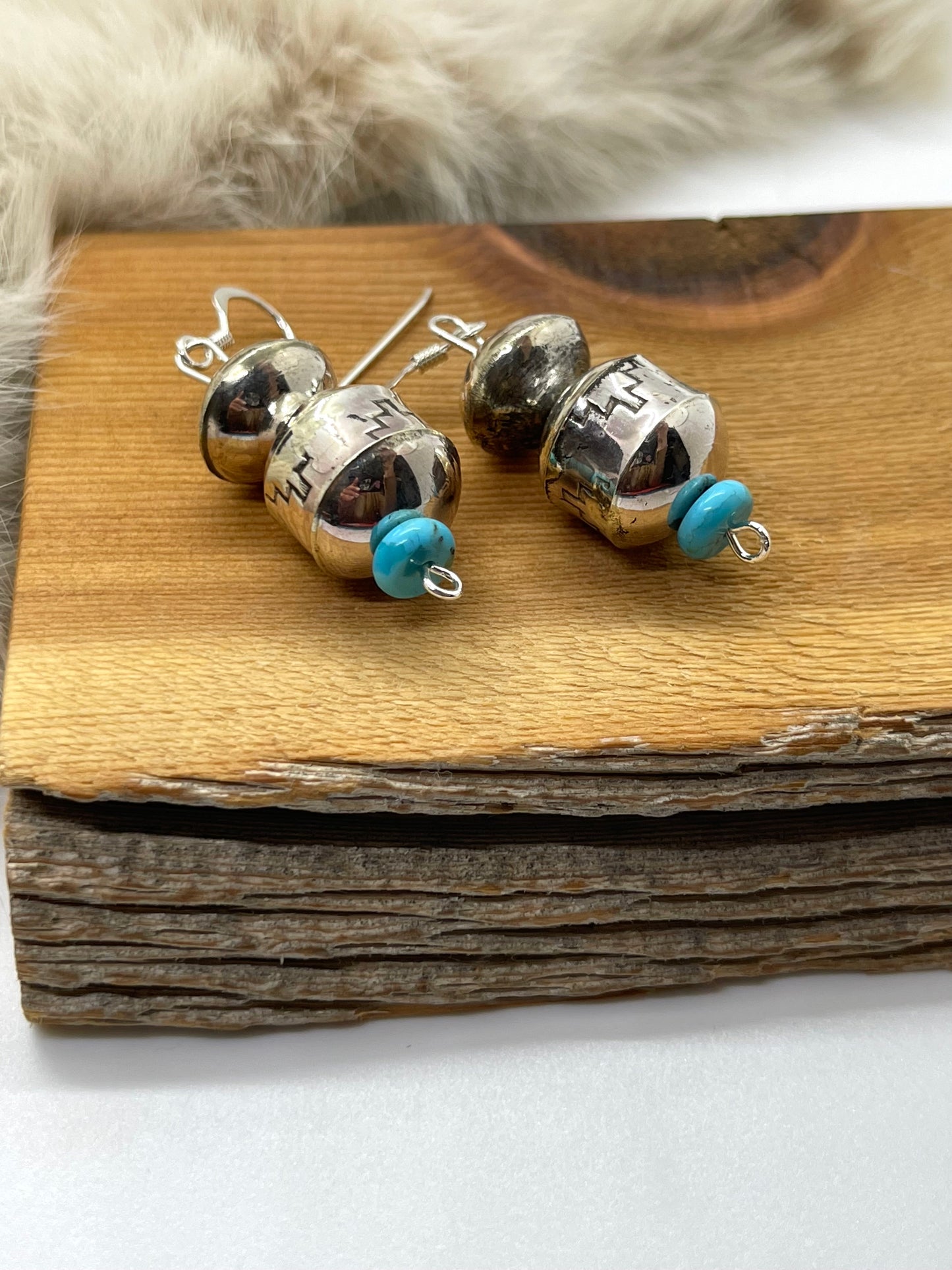Handmade Navajo Pearls Dangle Earrings with Turquoise by Tylena Nez, Navajo