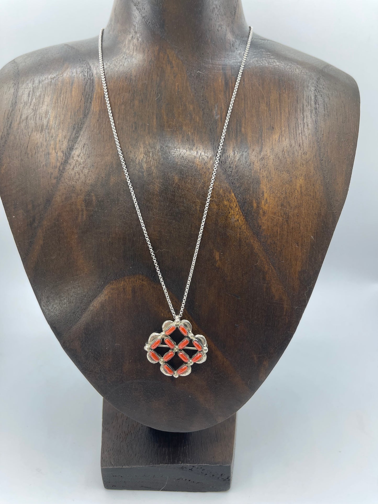 18" Red Coral Zuni Pin and Pendant Necklace