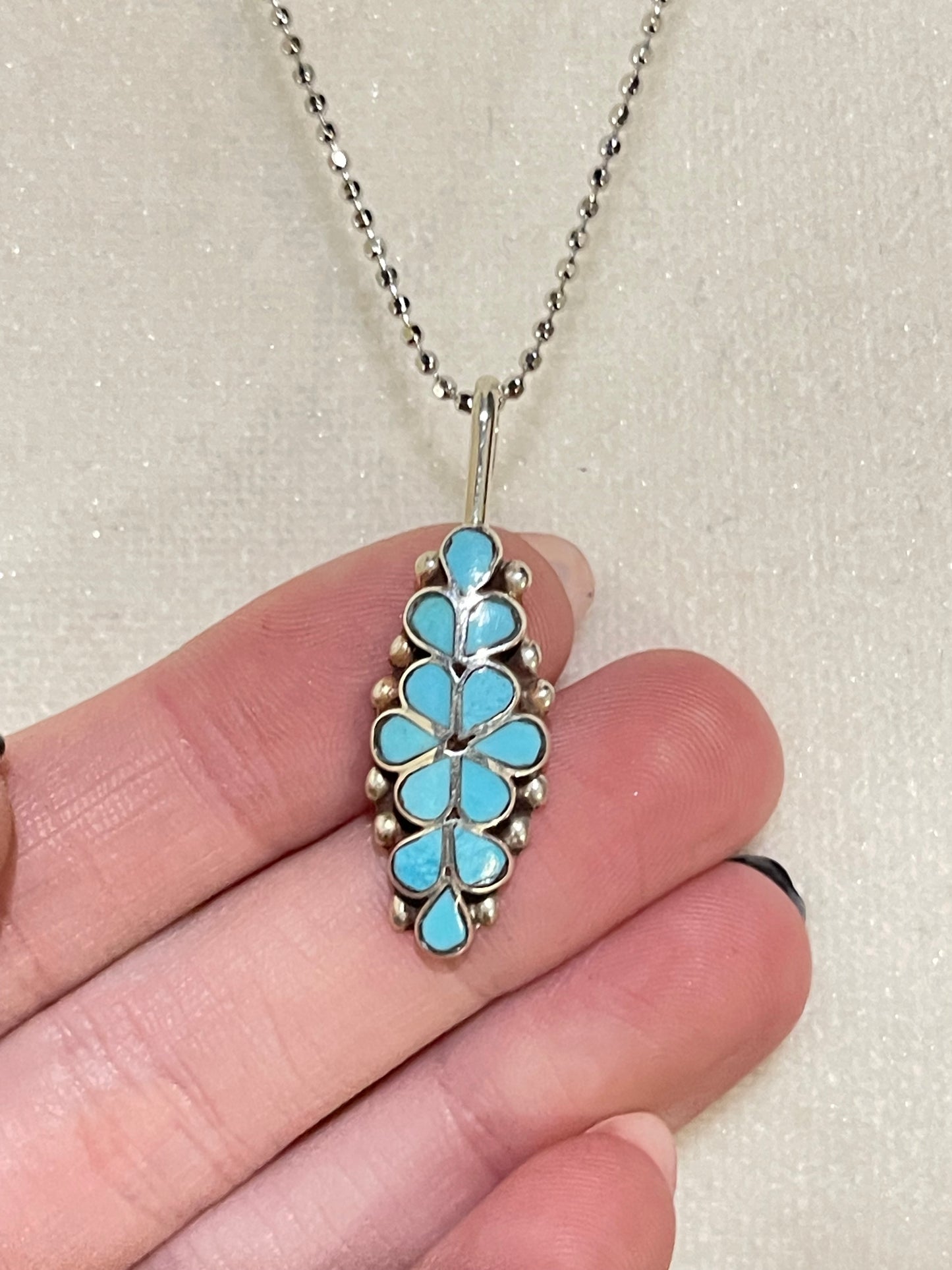 18"+3" Turquoise Inlay Flower Bunch Necklace by Bernadette Hattie, Zuni