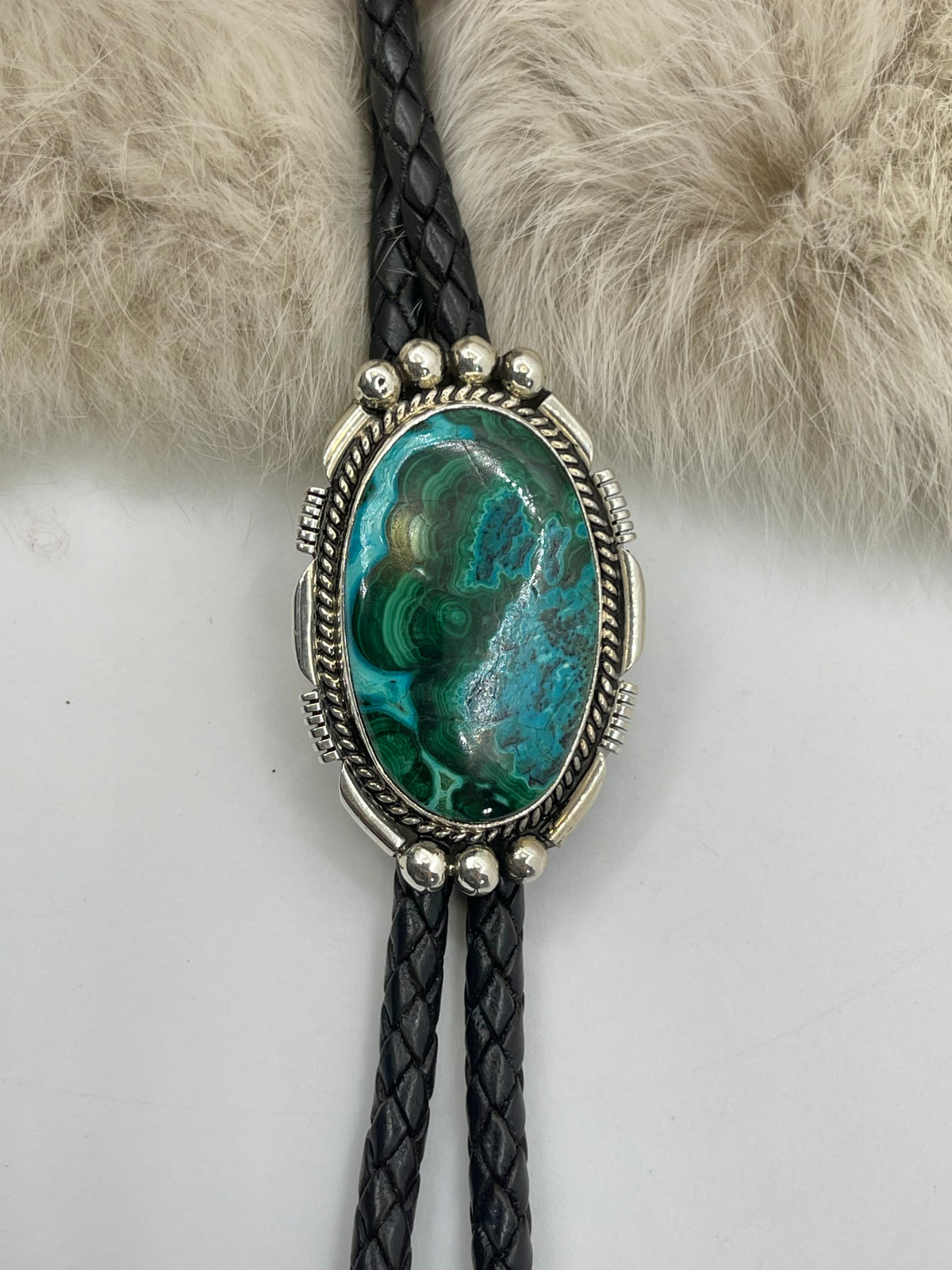 Azurite Chrysocolla Bolo Tie by Joelias Draper, Navajo