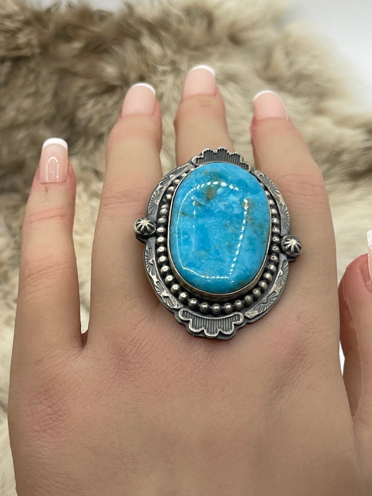 7.5 Oval Turquoise Ring by Steven Nez, Navajo