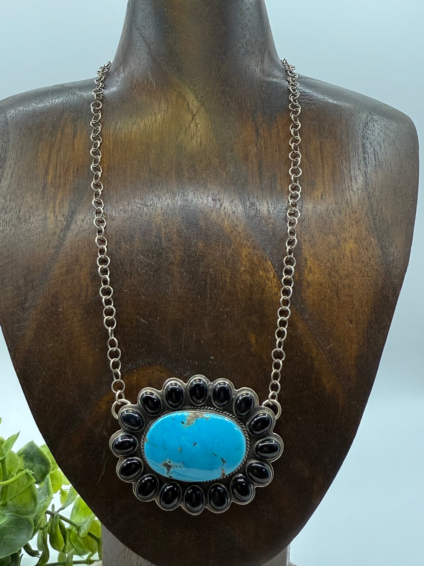 17" BLACK ONYX & KINGMAN CLUSTER NECKLACE BY STEVEN NEZ, NAVAJO