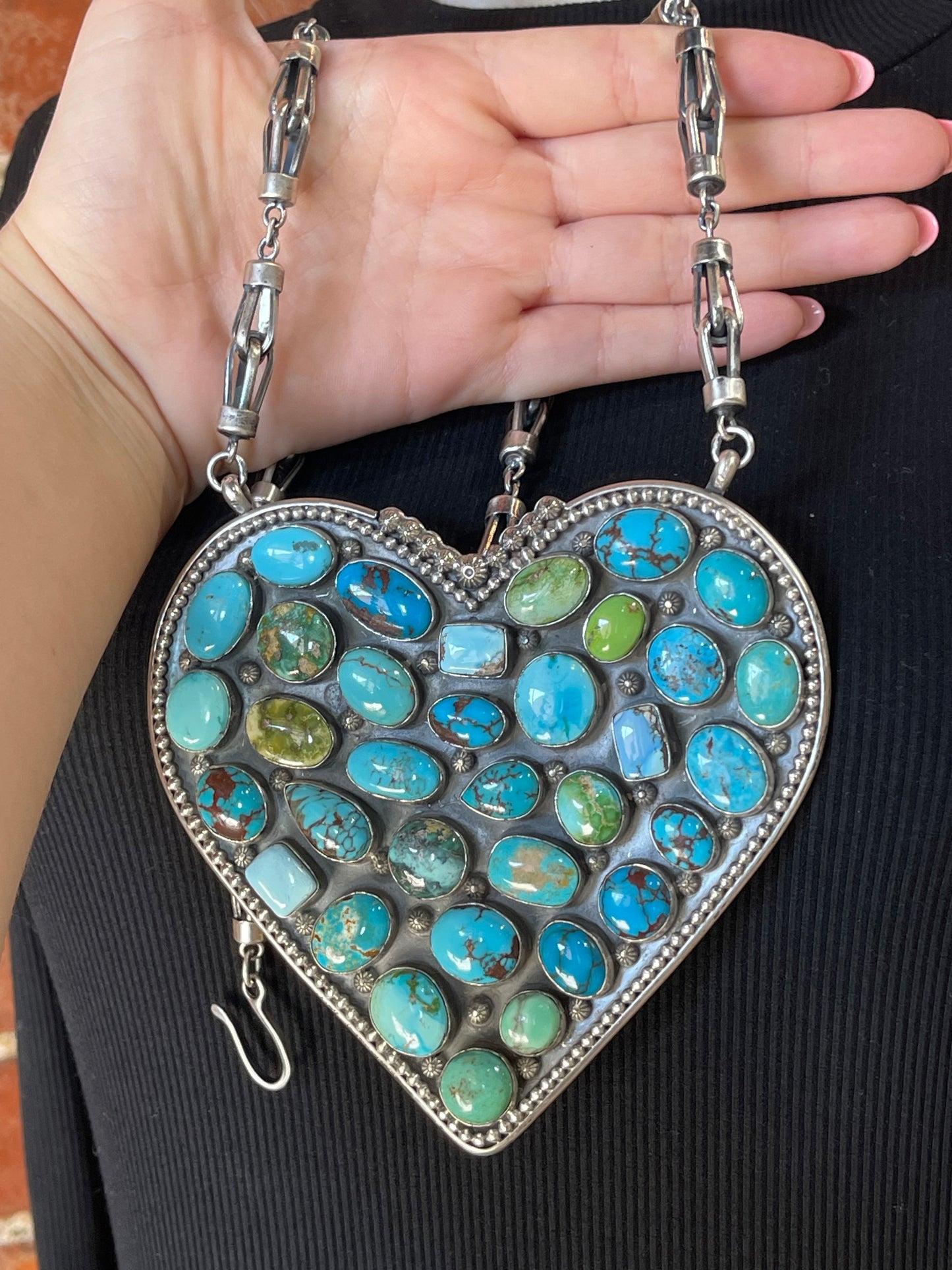 Large Turquoise Heart Necklace by Gilbert Platero, Navajo