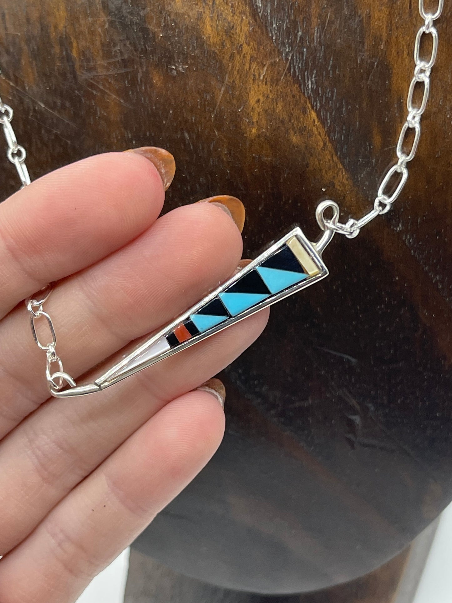 18" Inlay Triangle Necklace by Tammy Qualo, Zuni
