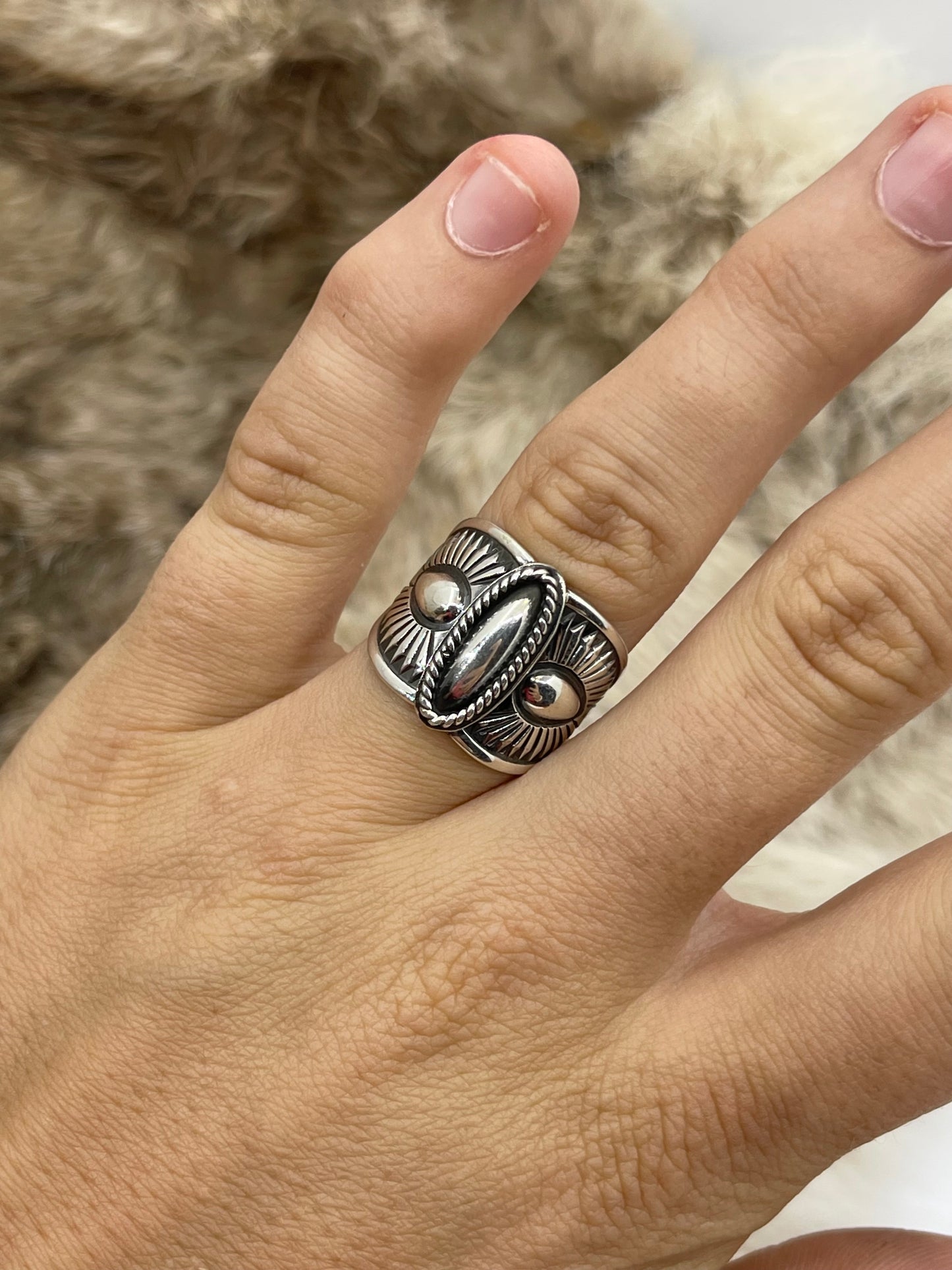8.0 All Silver Concho Style Ring by Derrick Gordon, Navajo