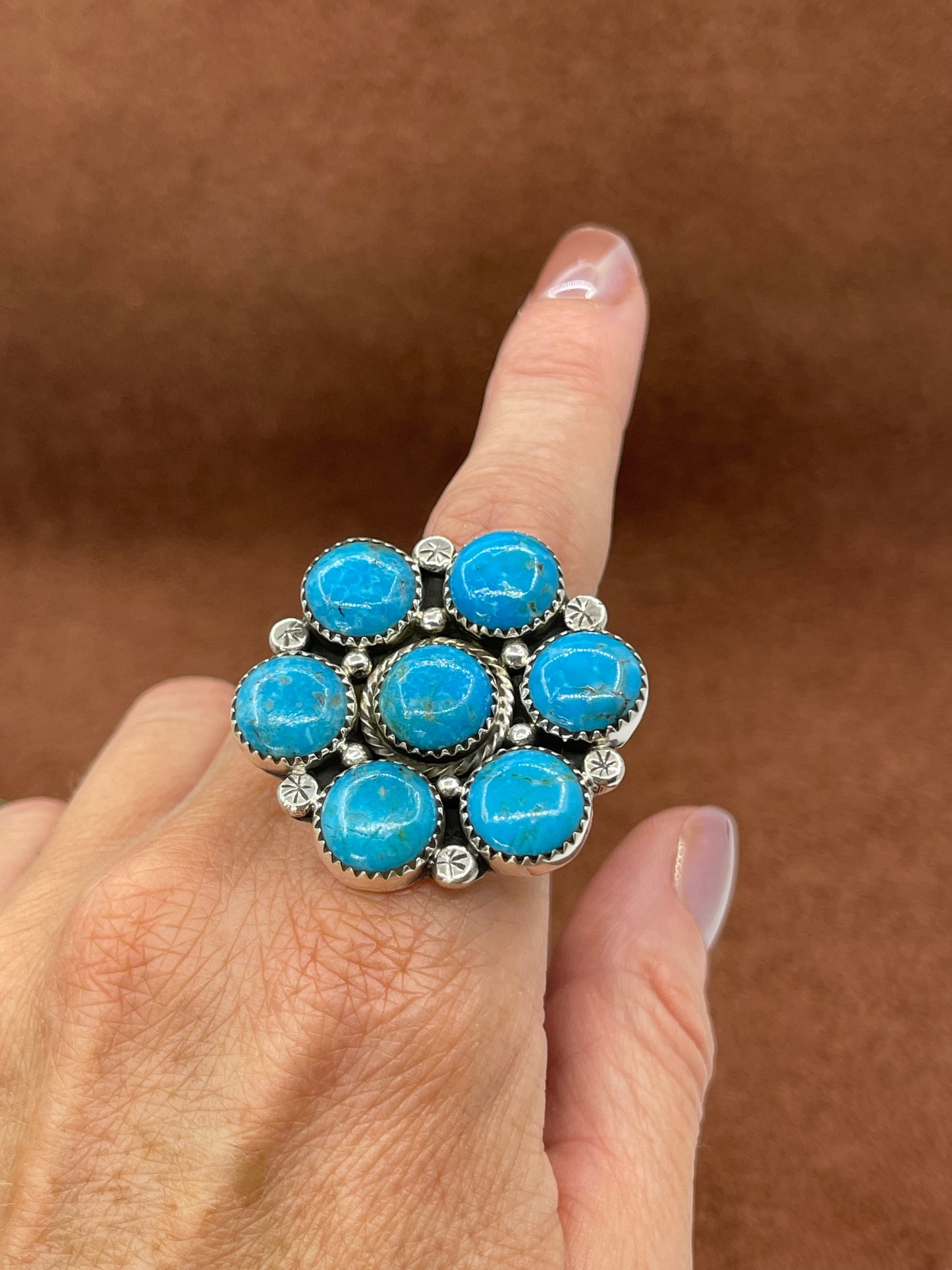 10.0 7 Stone Turquoise Cluster Ring by Charlene Yazzie, Navajo