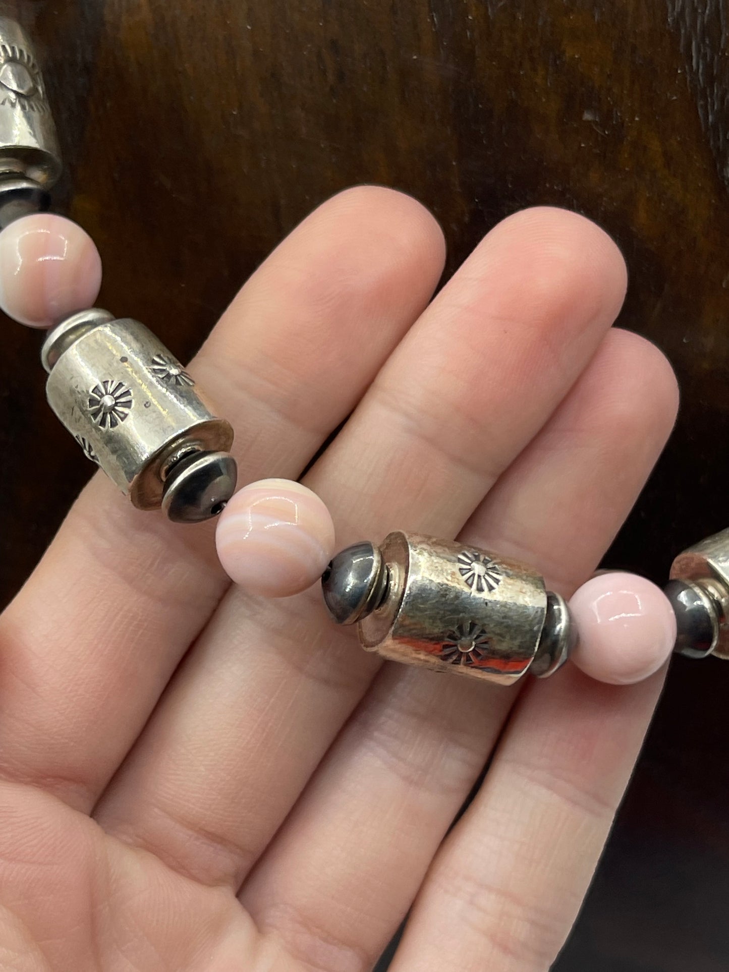 30" Pink Conch Shell and Stamped Barrel Beads